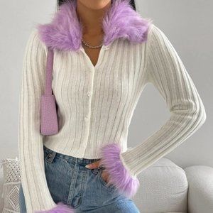 PURPLE FUR SLEEVE AND COLLAR CARDIGAN FALL WINTER Y2K TRENDING STREETWEAR